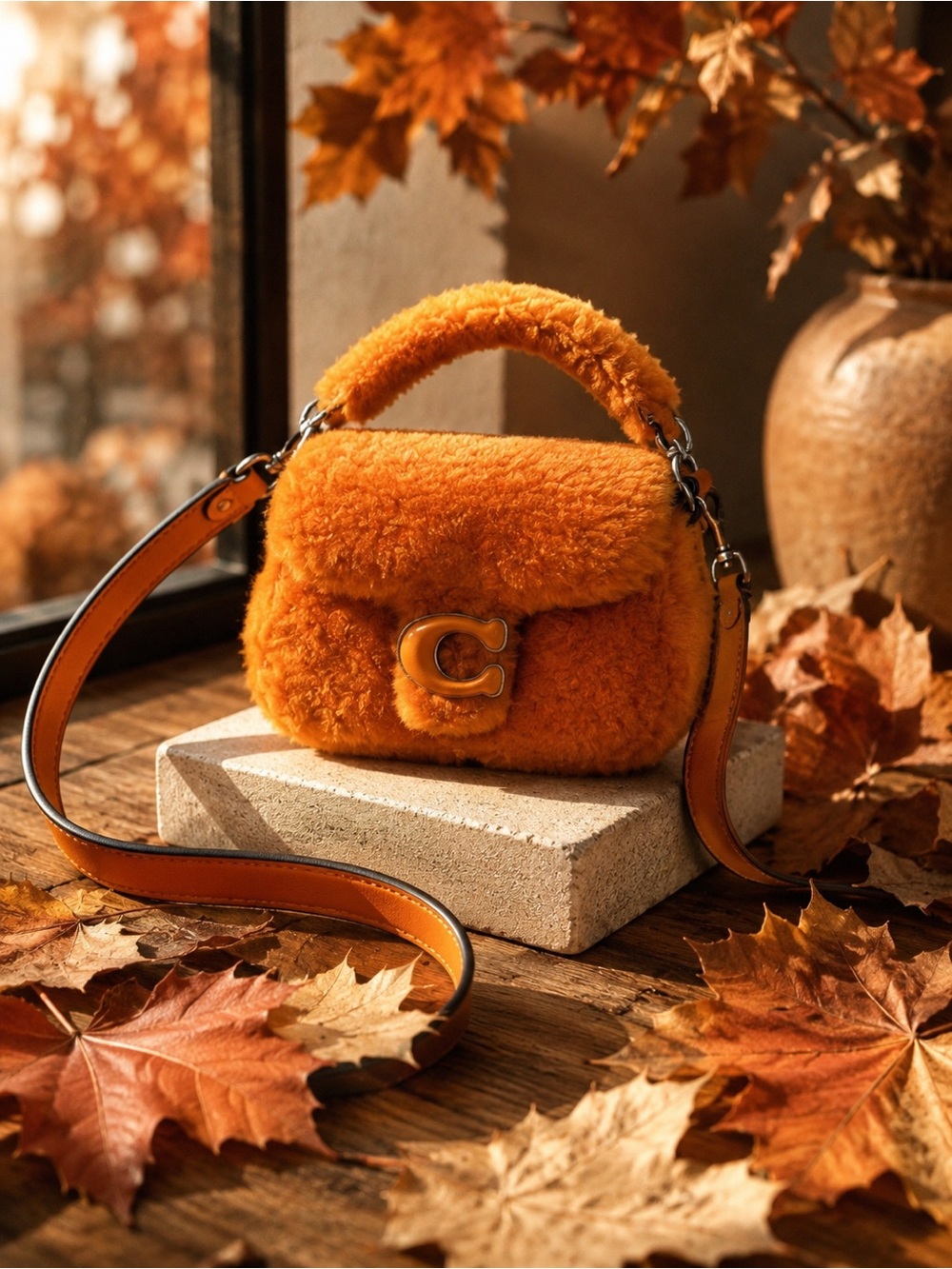 Coach Orange Plush Shearling Top-Handle Mini Bag NWT